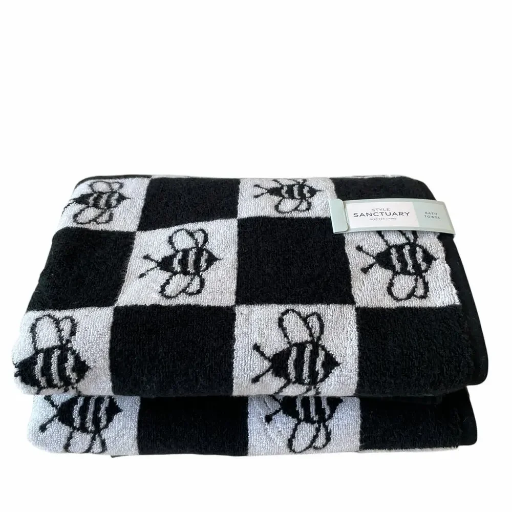 Chic Black & White Checkered BEE Bath Towel Set of 2 100% Cotton NEW